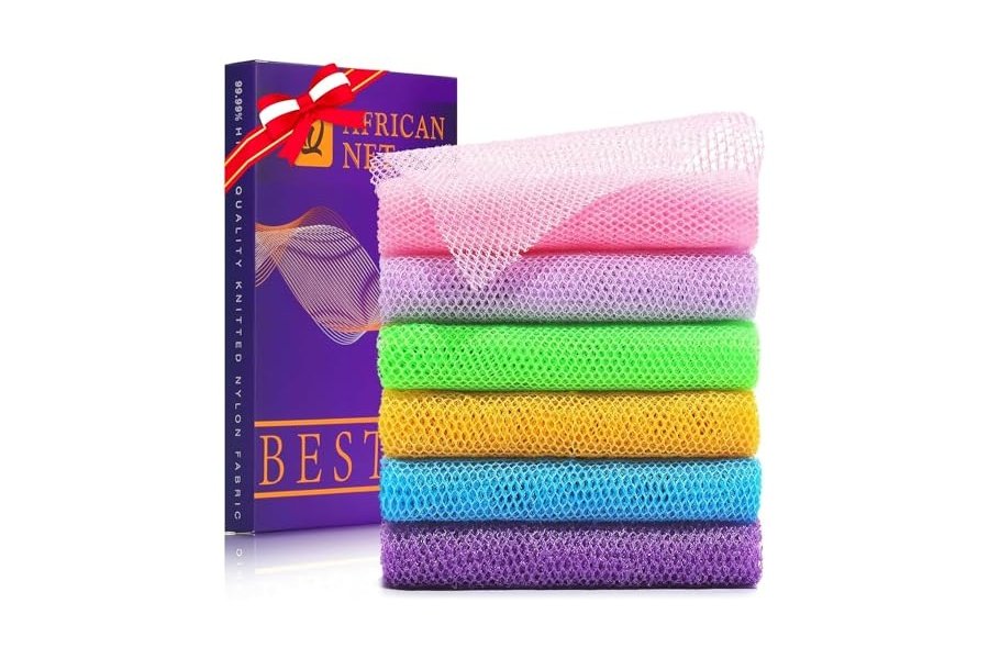 UJFQBH - 6 esponjas de baño africanas de red africana, esponja de baño de red larga, exfoliante, para ducha, cuerpo, espalda y piel más suave, ideal para uso diario (morado, morado, rosa, naranja, azul, verde)