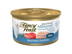 Alimento húmedo para gatos Purina Fancy Feast sin cereales, receta de trucha y atún Gourmet Naturals - (paquete de 12) latas de 85 g