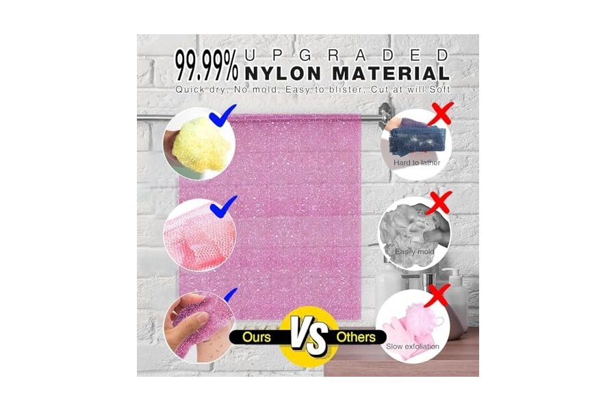 Juego de 3 esponjas de ducha exfoliantes africanas de estilo brillante. Esponjas de baño largas para una piel suave y fresca. El exterior brilla. Ideal para uso diario (amarillo brillante, rosa, morado). - Image 2