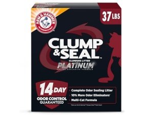 ARM & HAMMER Clump & Seal Platinum, Arena aglomerante para gatos con sellado completo de olores, Multigatos, Control de olores durante 14 días, Fórmula exclusiva en línea, 17 kg