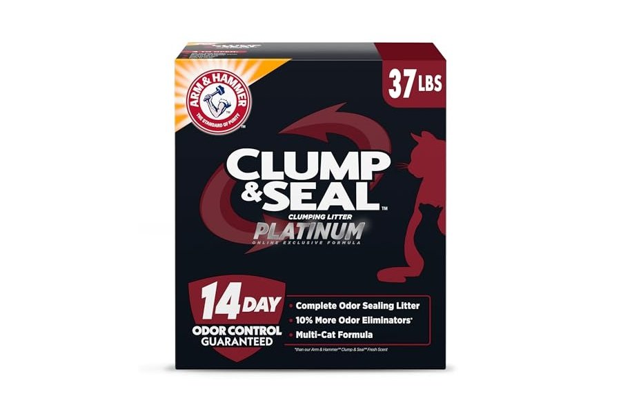 ARM & HAMMER Clump & Seal Platinum, Arena aglomerante para gatos con sellado completo de olores, Multigatos, Control de olores durante 14 días, Fórmula exclusiva en línea, 17 kg