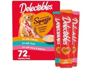 Paquete variado Delectables Squeeze Up, puré cremoso exprimible, premios húmedos para lamer para gatos, sin cereales, sin rellenos, subproductos ni conservantes añadidos, tubo de 0.5 onzas, 72 tubos en total