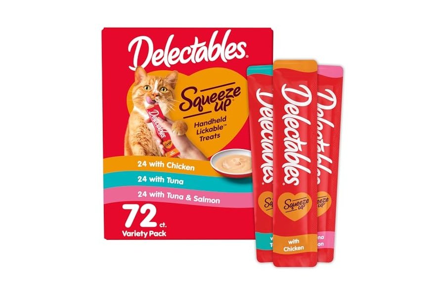 Paquete variado Delectables Squeeze Up, puré cremoso exprimible, premios húmedos para lamer para gatos, sin cereales, sin rellenos, subproductos ni conservantes añadidos, tubo de 0.5 onzas, 72 tubos en total