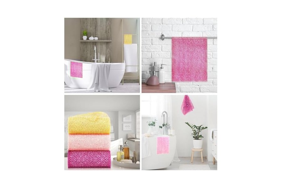 Juego de 3 esponjas de ducha exfoliantes africanas de estilo brillante. Esponjas de baño largas para una piel suave y fresca. El exterior brilla. Ideal para uso diario (amarillo brillante, rosa, morado). - Image 7