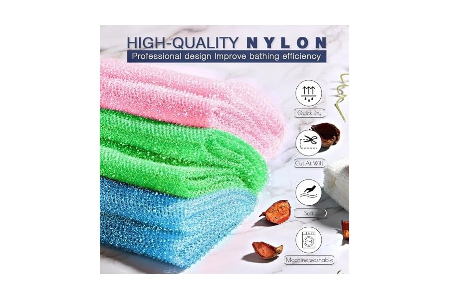 Juego de 3 esponjas de ducha exfoliantes africanas de estilo brillante. Esponjas de baño largas para una piel suave y fresca. El exterior brilla. Ideal para uso diario (rosa brillante, azul, verde). - Image 4