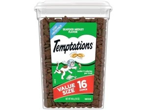 Temptations Classic Crunchy and Soft Cat Treats sabor a mezcla de mariscos, envase de 473 g