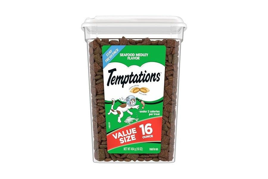 Temptations Classic Crunchy and Soft Cat Treats sabor a mezcla de mariscos, envase de 473 g