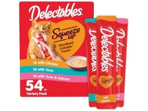 Paquete variado Delectables Squeeze Up, puré cremoso exprimible, premios húmedos para lamer para gatos, sin cereales, sin rellenos, subproductos ni conservantes añadidos, tubo de 0.5 onzas, 54 tubos en total