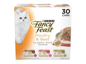 Fancy Feast - Colección de Paté Clásico de Aves y Carne de Res, Alimento Húmedo para Gatos sin Granos, Paquete Variado - (Paquete de 30) Latas de 85 g