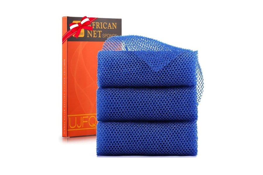 3 esponjas de baño africanas de red africana, esponja de baño de red larga, exfoliante, para ducha, cuerpo, espalda y piel más suave, ideal para uso diario (azul).