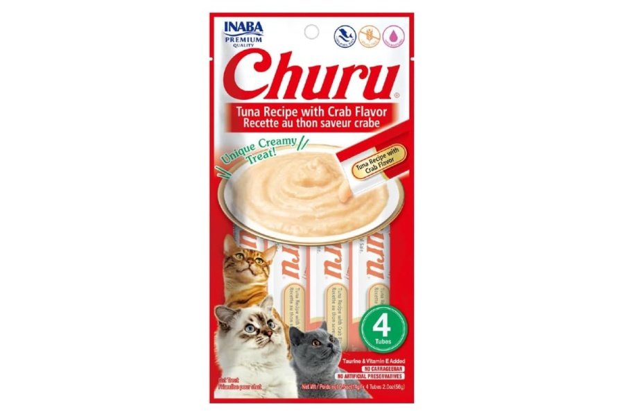 Galletas para gatos INABA Churu, sin cereales, para lamer y exprimible, puré cremoso con vitamina E y taurina, 14 g cada tubo, 24 tubos (4 por paquete), receta de atún con cangrejo - Image 2