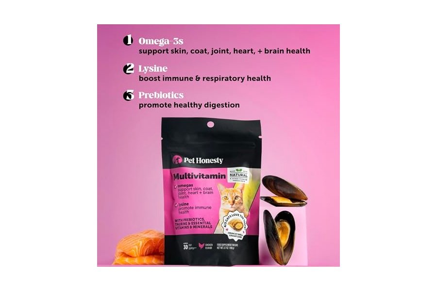 Masticables multivitamínicos para gatos Pet Honesty: premios para la salud, el sistema inmunitario, las articulaciones, la piel, el pelaje y la digestión. Omega 3, lisina y probióticos. Vitaminas para gatos. Pollo (suministro para 90 días). - Image 3