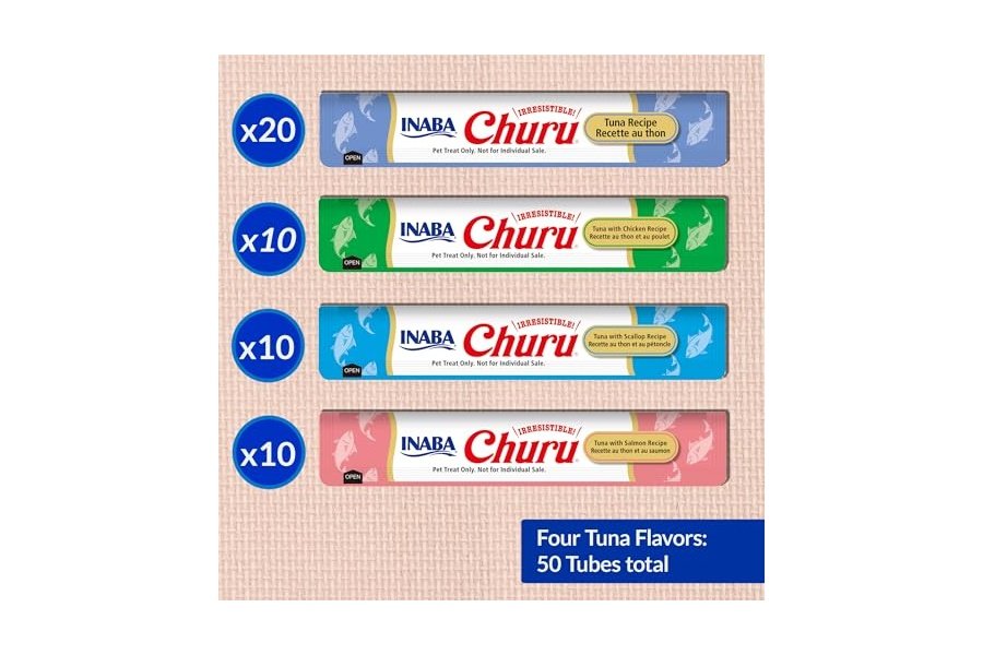 Galletas para gatos INABA Churu, sin cereales, para lamer y exprimibles, puré cremoso con vitamina E y taurina, 14 g cada tubo, 50 tubos, variedad de atún - Image 3