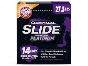 Arena aglomerante ARM & HAMMER Clump & Seal Slide Platinum para múltiples gatos, fácil de limpiar, control superior de olores, 12.5 kg