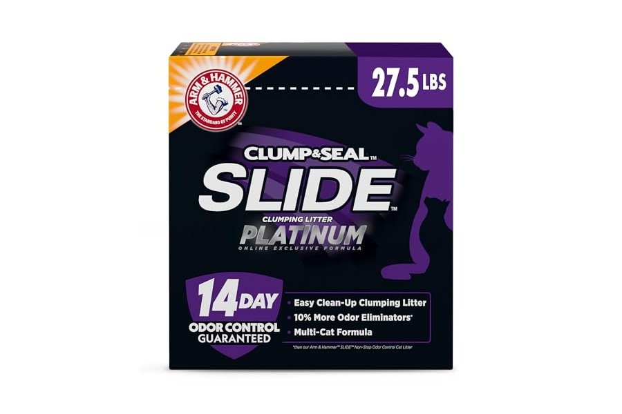 Arena aglomerante ARM & HAMMER Clump & Seal Slide Platinum para múltiples gatos, fácil de limpiar, control superior de olores, 12.5 kg