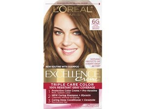 Tinte permanente en crema L'Oréal Paris Excellence Triple Care, castaño claro dorado 6G, cobertura de canas hasta 8 semanas, para todo tipo de cabello, paquete de 1