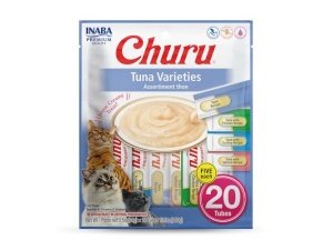 INABA Churu Cat Treats, Puré cremoso para lamer y apretar con extracto de té verde y taurina, 14 g cada tubo, 20 tubos, variedad de atún