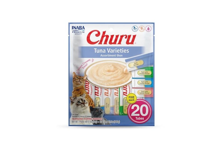 INABA Churu Cat Treats, Puré cremoso para lamer y apretar con extracto de té verde y taurina, 14 g cada tubo, 20 tubos, variedad de atún