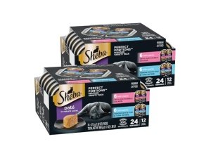 Paté húmedo para gatos Sheba Perfect Portions con salmón sostenible y pescado blanco tierno y atún, paquete variado, 77 g, bandejas dobles (12 unidades, 24 porciones) (paquete de 2)