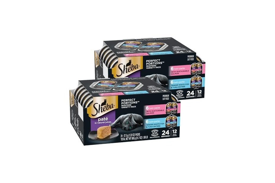 Paté húmedo para gatos Sheba Perfect Portions con salmón sostenible y pescado blanco tierno y atún, paquete variado, 77 g, bandejas dobles (12 unidades, 24 porciones) (paquete de 2)