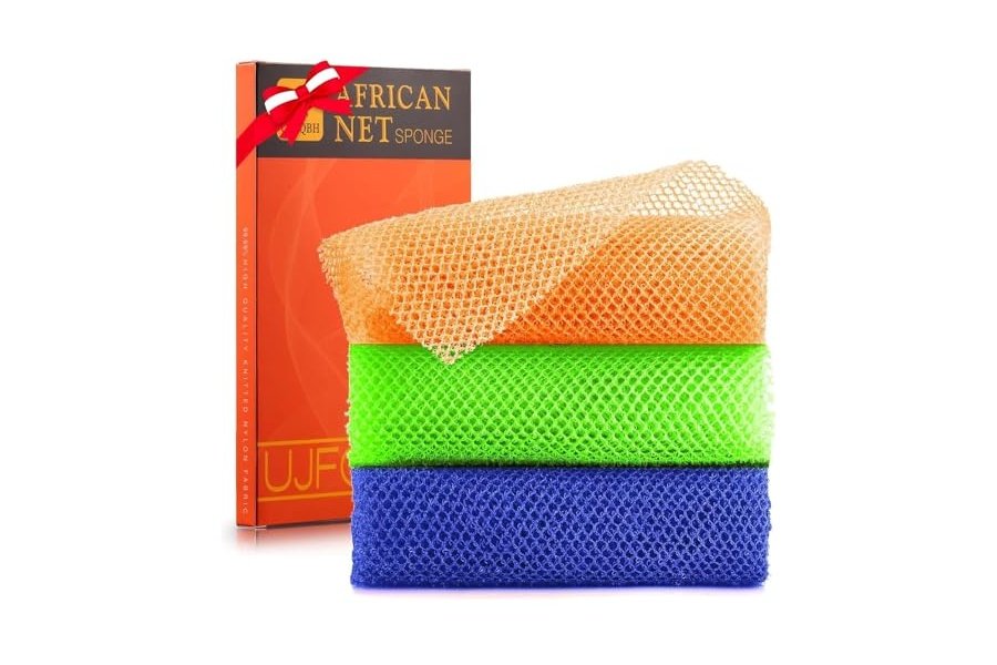 3 esponjas de baño africanas de red africana, esponja de baño de red larga, exfoliante, para ducha, cuerpo, espalda y piel más suave, ideal para uso diario (naranja, azul, verde).