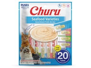 INABA Churu Cat Treats, Puré cremoso para lamer y apretar con extracto de té verde y taurina, 14 g cada tubo, 20 tubos, variedad de mariscos