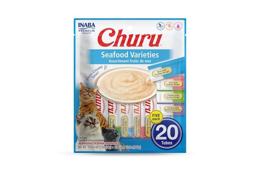 INABA Churu Cat Treats, Puré cremoso para lamer y apretar con extracto de té verde y taurina, 14 g cada tubo, 20 tubos, variedad de mariscos