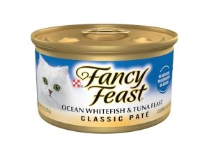 Paté clásico Purina Fancy Feast de pescado blanco y atún, alimento húmedo para gatos sin cereales (paquete de 24 latas de 85 g)
