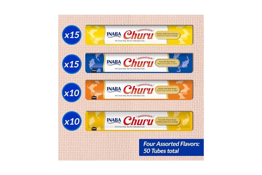 Galletas para gatos INABA Churu, sin cereales, para lamer y exprimibles, puré cremoso con vitamina E y taurina, 14 g cada tubo, 50 tubos, variedad de carne y queso - Image 3