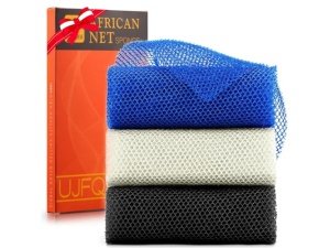 UJFQBH - 3 esponjas de baño africanas de red africana, esponja de baño de red larga, exfoliante, para ducha, cuerpo, espalda y piel más suave, ideal para uso diario (azul, negro, blanquecino)