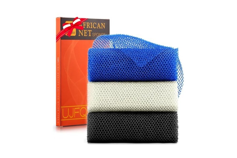 UJFQBH - 3 esponjas de baño africanas de red africana, esponja de baño de red larga, exfoliante, para ducha, cuerpo, espalda y piel más suave, ideal para uso diario (azul, negro, blanquecino)