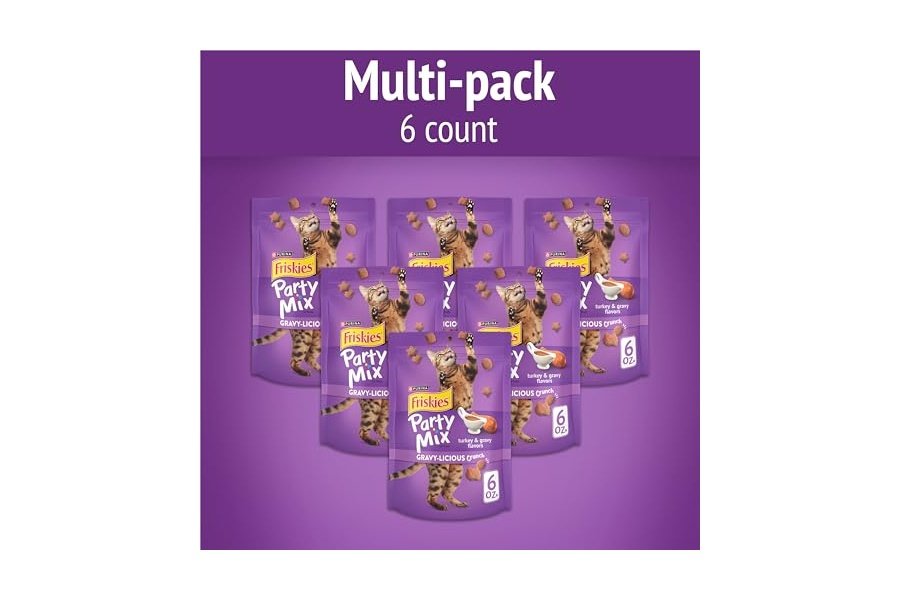 Premios para gatos Purina Friskies, mezcla para fiestas, sabor a pavo y salsa gravy-licious Crunch - (Paquete de 6) Bolsas de 177 g - Image 2