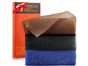 3 esponjas de baño africanas de red africana, esponja de baño de red larga, exfoliante, para ducha, cuerpo, espalda y piel más suave, ideal para uso diario (negro, azul, marrón).