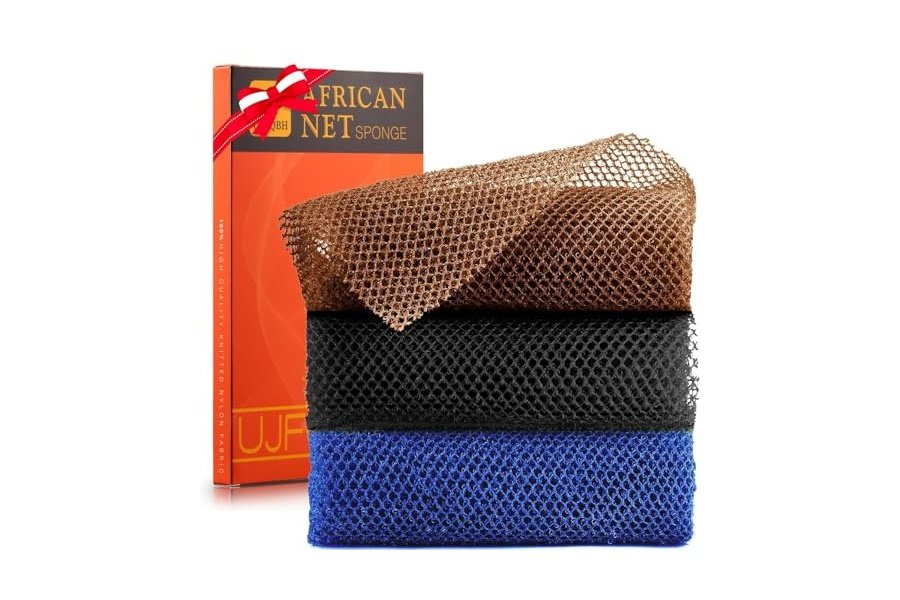 3 esponjas de baño africanas de red africana, esponja de baño de red larga, exfoliante, para ducha, cuerpo, espalda y piel más suave, ideal para uso diario (negro, azul, marrón).