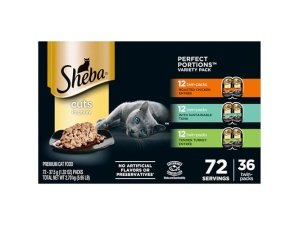 Alimento húmedo para gatos Sheba Perfect Portions, cortes en salsa, paquete variado, pollo asado con atún sostenible y pavo tierno, bandejas dobles de 75 g (36 unidades, 72 porciones)