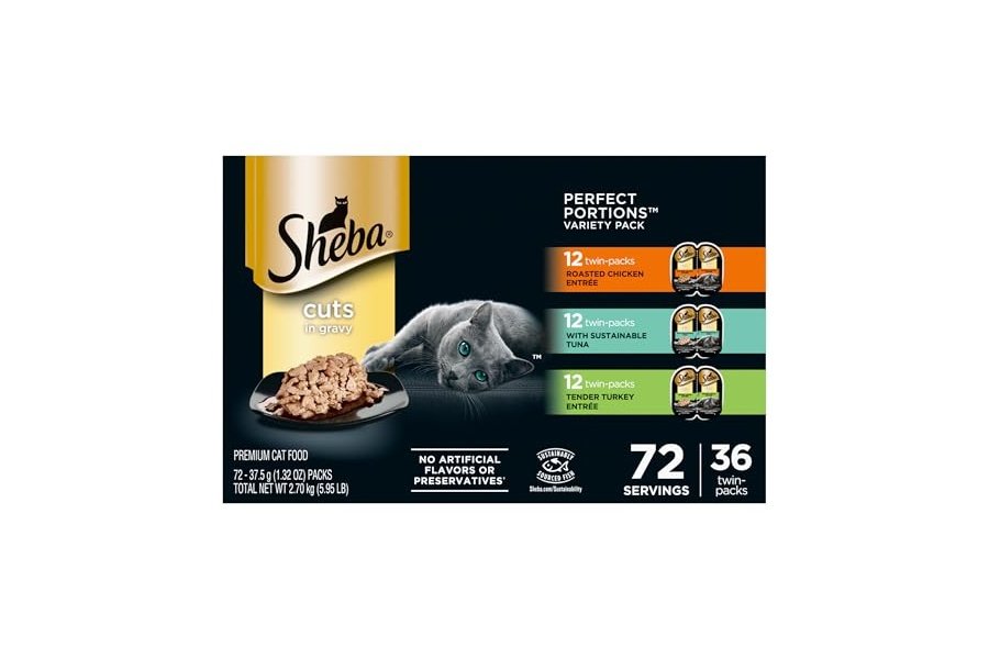 Alimento húmedo para gatos Sheba Perfect Portions, cortes en salsa, paquete variado, pollo asado con atún sostenible y pavo tierno, bandejas dobles de 75 g (36 unidades, 72 porciones)