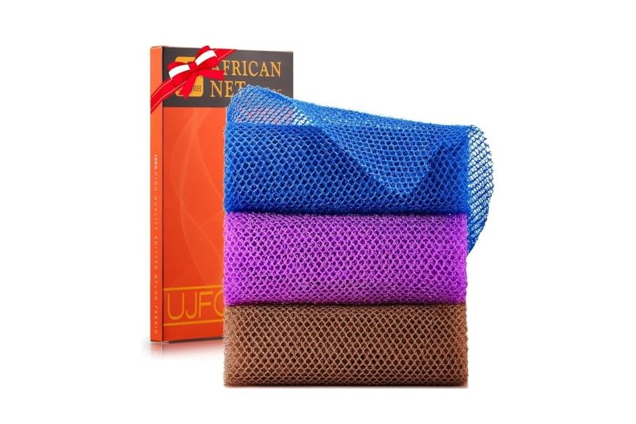 3 esponjas de baño africanas de red africana, esponja de baño de red larga, exfoliante, para ducha, cuerpo, espalda y piel más suave, ideal para uso diario (marrón, azul, morado).