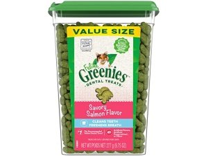 Premios dentales para gatos adultos Greenies Feline, sabor a salmón, envase de 250 g