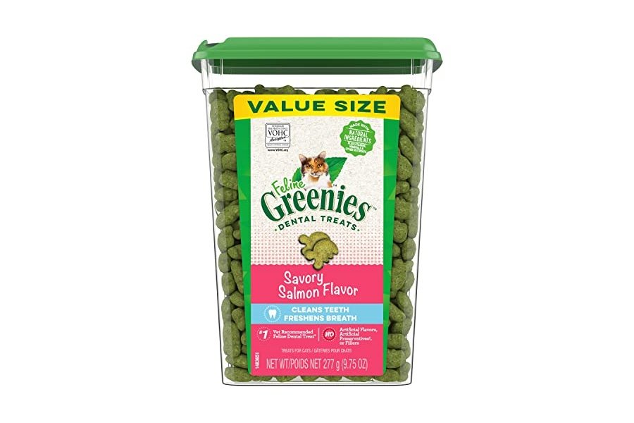 Premios dentales para gatos adultos Greenies Feline, sabor a salmón, envase de 250 g