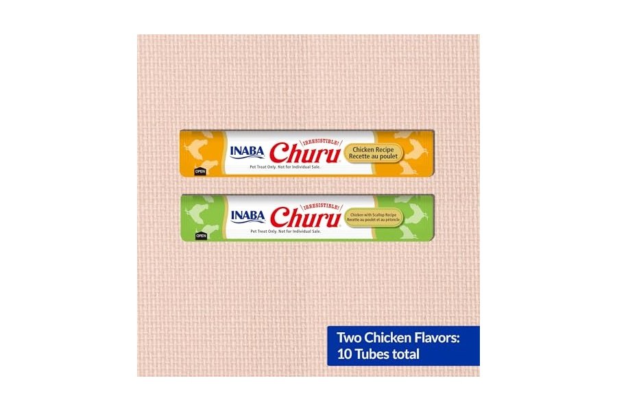 Galletas para gatos INABA Churu, sin cereales, para lamer y exprimibles, puré cremoso con vitamina E y taurina, 14 g cada tubo, 10 tubos en total/dos sabores, variedad de pollo - Image 3