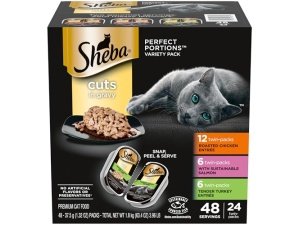 Alimento húmedo para gatos Sheba Perfect Portions, cortes en salsa, paquete variado, pollo asado con salmón sostenible y pavo tierno, bandejas dobles de 75 g (24 unidades, 48 ​​porciones)