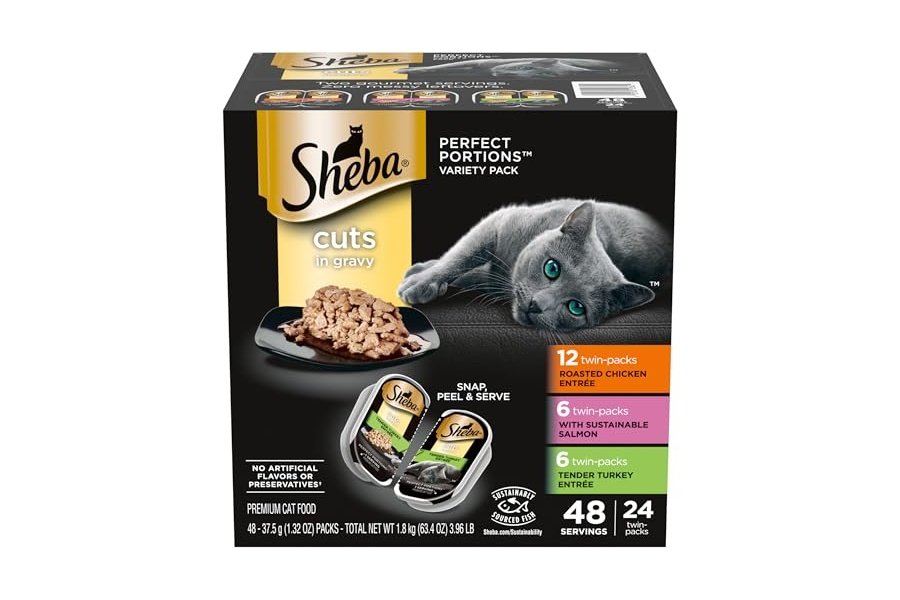Alimento húmedo para gatos Sheba Perfect Portions, cortes en salsa, paquete variado, pollo asado con salmón sostenible y pavo tierno, bandejas dobles de 75 g (24 unidades, 48 ​​porciones)