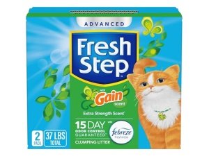 Arena aglomerante avanzada Fresh Step con Febreze Freshness y aroma Gain, combate el mal olor al contacto, 16 kg (2 cajas de 8,3 kg) (El paquete puede variar)