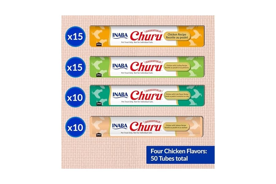 Galletas para gatos INABA Churu, sin cereales, para lamer y exprimibles, puré cremoso con vitamina E y taurina, 14 g cada tubo, 50 tubos, variedad de pollo y mariscos - Image 3