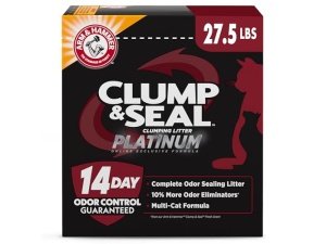 ARM & HAMMER Clump & Seal Platinum, Arena aglomerante para gatos con sellado completo de olores, Multi-Cat, Control de olores durante 14 días, Fórmula exclusiva en línea, 12.5 kg