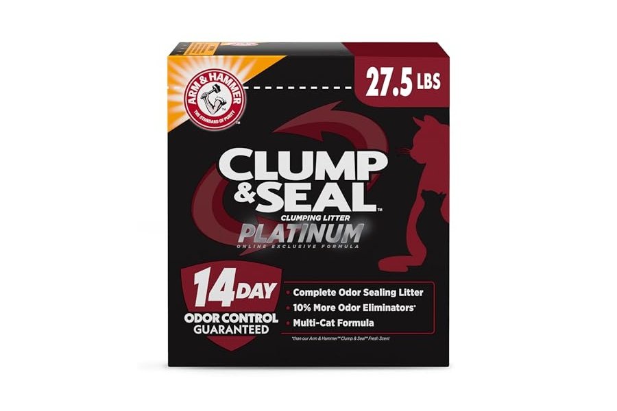 ARM & HAMMER Clump & Seal Platinum, Arena aglomerante para gatos con sellado completo de olores, Multi-Cat, Control de olores durante 14 días, Fórmula exclusiva en línea, 12.5 kg