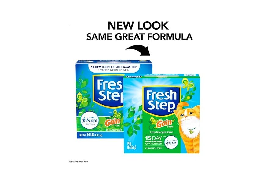 Arena aglomerante para gatos Fresh Step con aroma Febreze Gain, control de olores duradero, carbón activado, fórmula de bajo polvo, 14 lb - Image 2