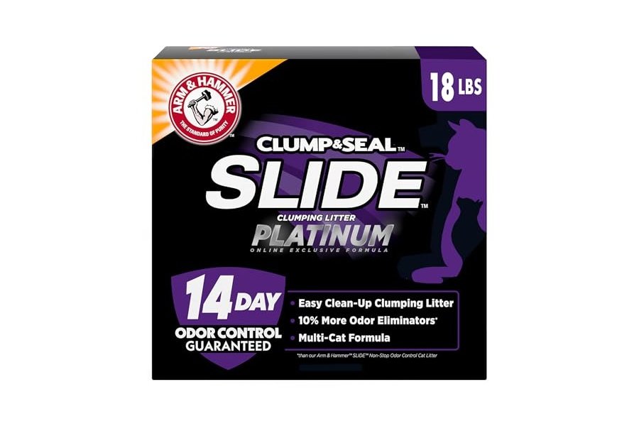 Arena aglomerante multigatos ARM & HAMMER Clump & Seal SLIDE Platinum, fácil de limpiar, control superior de olores, 18 lb