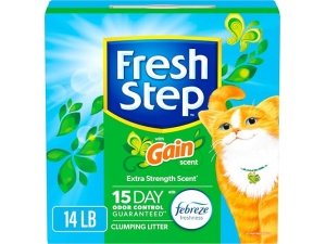 Arena aglomerante para gatos Fresh Step con aroma Febreze Gain, control de olores duradero, carbón activado, fórmula de bajo polvo, 14 lb