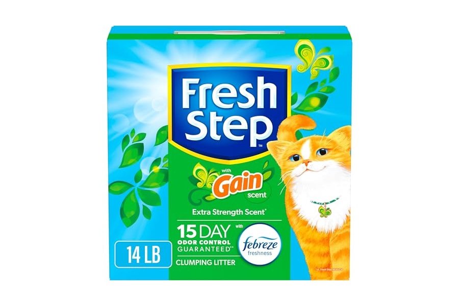 Arena aglomerante para gatos Fresh Step con aroma Febreze Gain, control de olores duradero, carbón activado, fórmula de bajo polvo, 14 lb